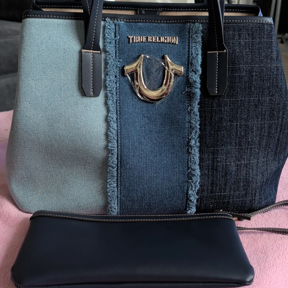 True Religion Denim Patchwork Tote with Black Wristlet